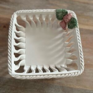 Vintage Portuguese Savoir Vivre White Woven Ceramic Basket with Strawberry